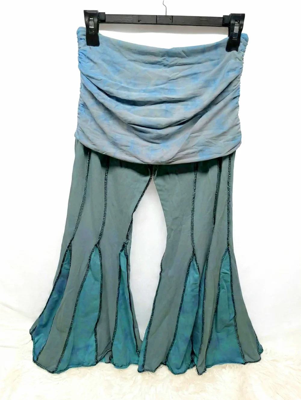 1 Of 1, Foldover Bell Bottom Tie Dye Boho High-Waist Flared Pants in Teal Blue - Picture 4 of 7